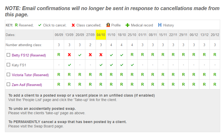 Class Swap Software Images - Admin attendance page